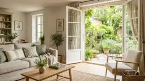 Porte-fenêtre à deux vantaux ouverte sur un jardin dans un séjour lumineux