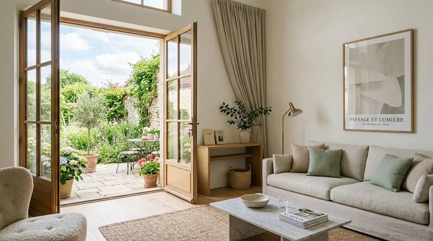 Porte-fenêtre à deux vantaux ouvrant sur une terrasse dans un séjour lumineux