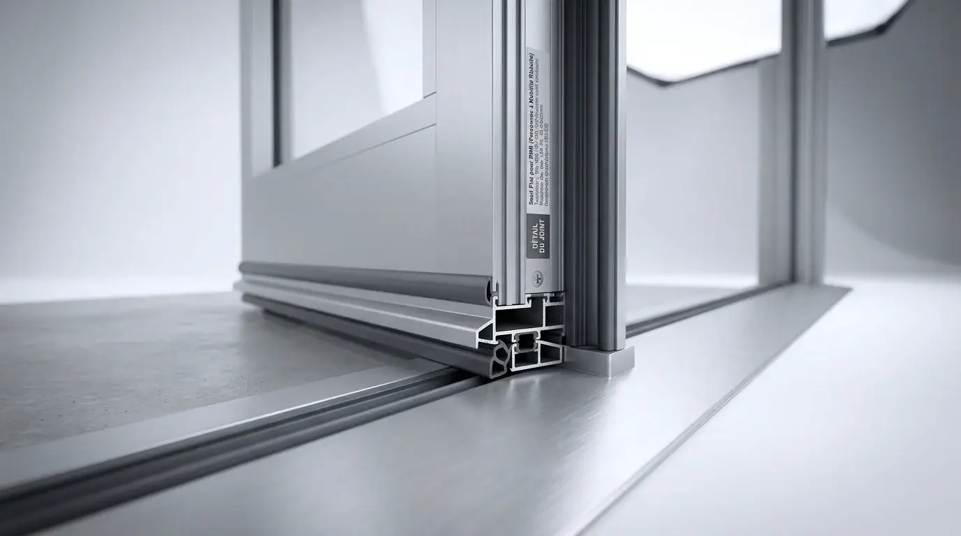 Détail d'un seuil plat en aluminium sur une porte-fenêtre pour accès facilité