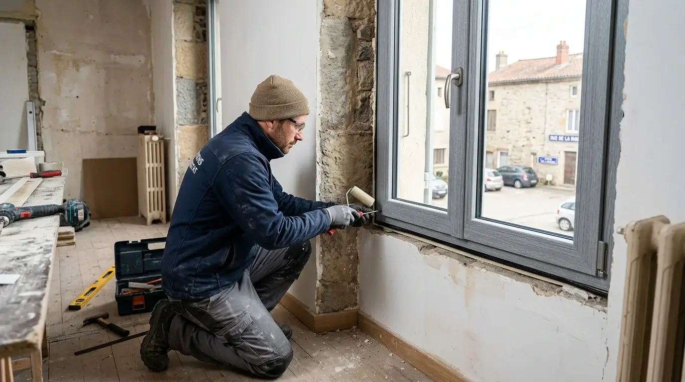 Installateur posant une fenêtre PVC grise en rénovation