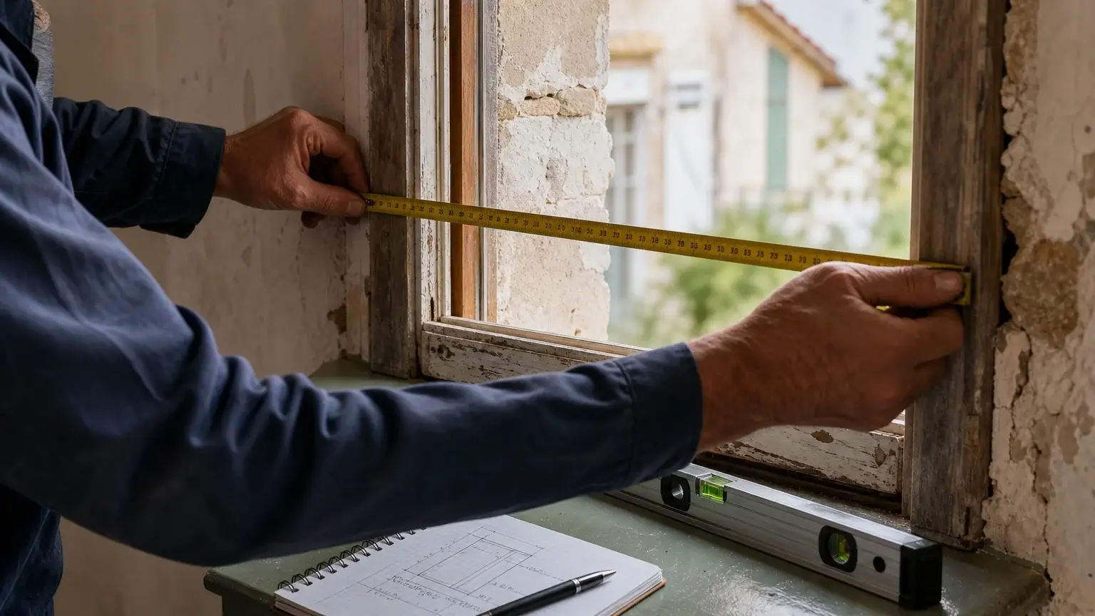 Prise de mesures d’une ancienne ouverture avant la pose d’une fenêtre double vitrage
