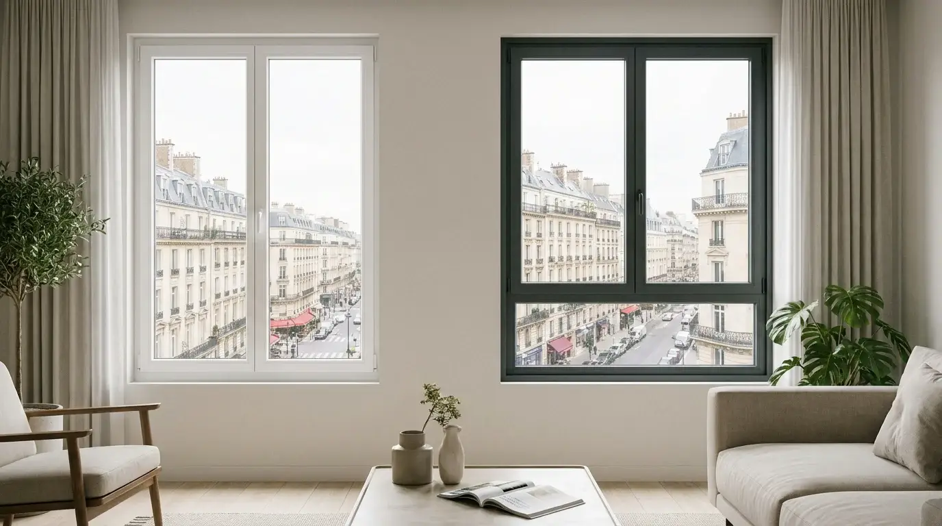 Comparaison visuelle entre une fenêtre PVC blanche et une fenêtre aluminium anthracite dans un intérieur contemporain