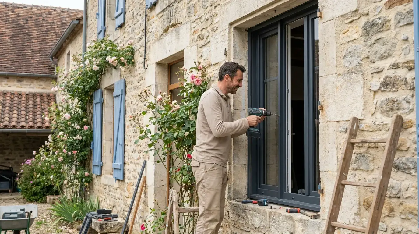 Artisan menuisier installant une fenêtre aluminium sur une maison en pierre en France