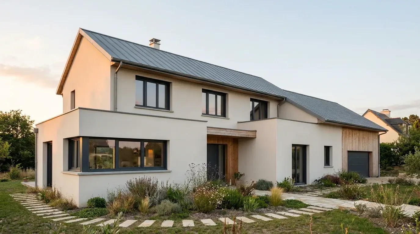 Maison contemporaine avec fenêtres PVC gris anthracite sur façade claire