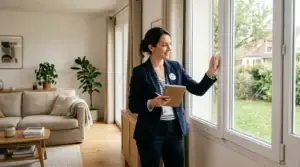 Professionnel inspectant une fenêtre PVC dans un intérieur lumineux