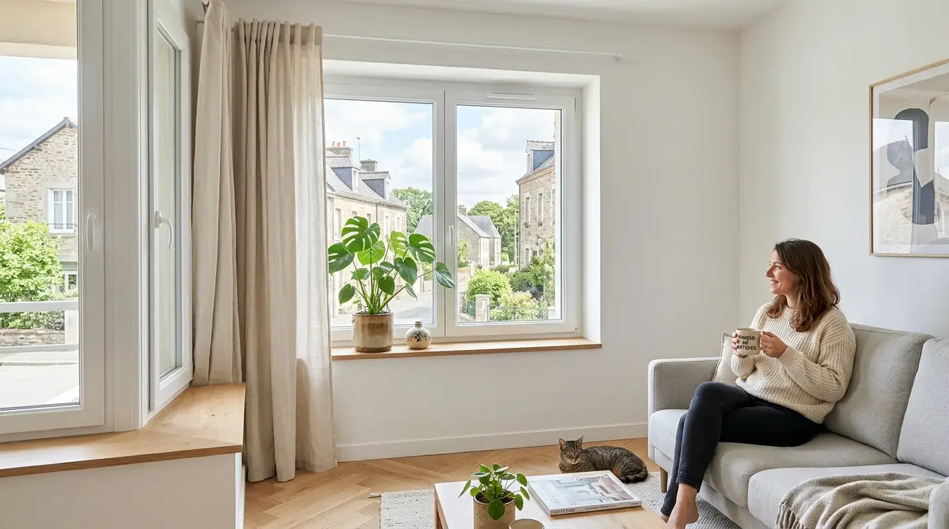 Fenêtre PVC double vitrage sur mesure installée dans un séjour lumineux
