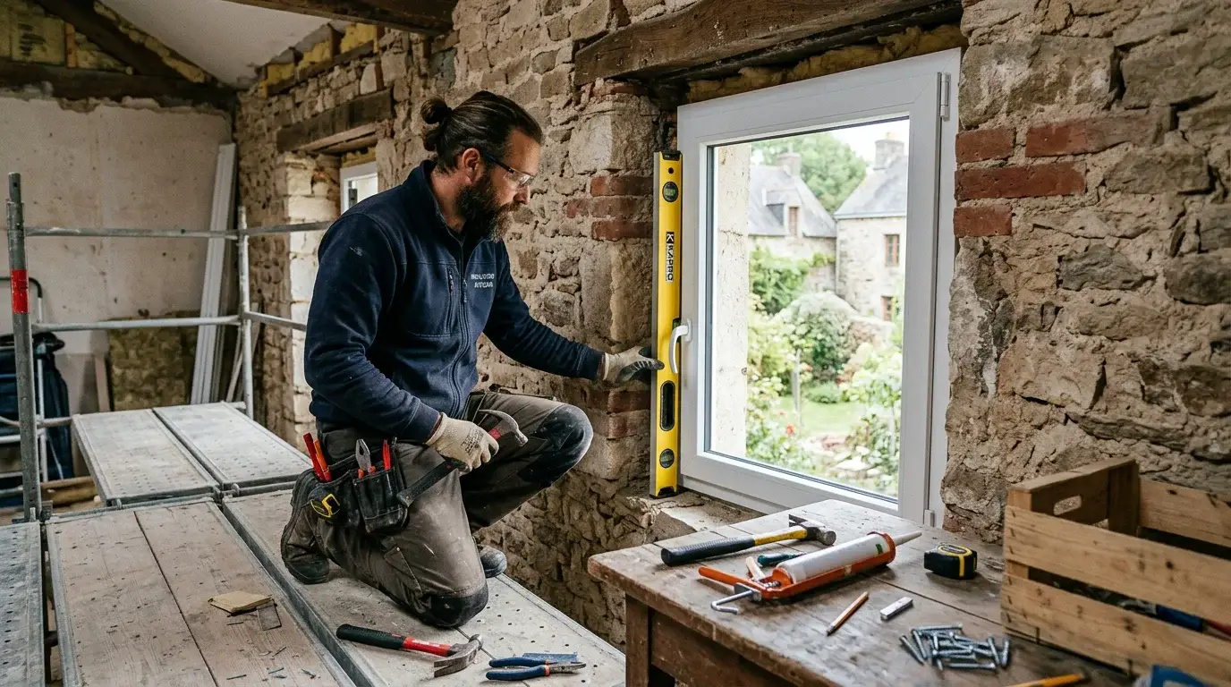 Artisan posant une fenêtre PVC sur mesure en rénovation