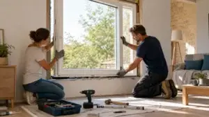 Couple installant une fenêtre PVC sur mesure en rénovation