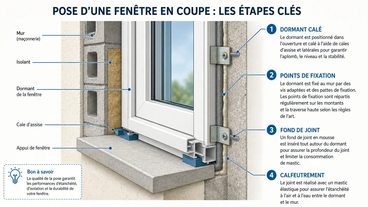 Schéma en coupe des étapes de pose d'une fenêtre sur mesure