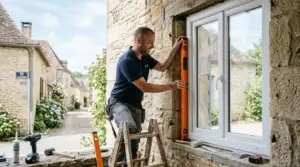 Installateur posant une fenêtre PVC double vitrage dans une maison