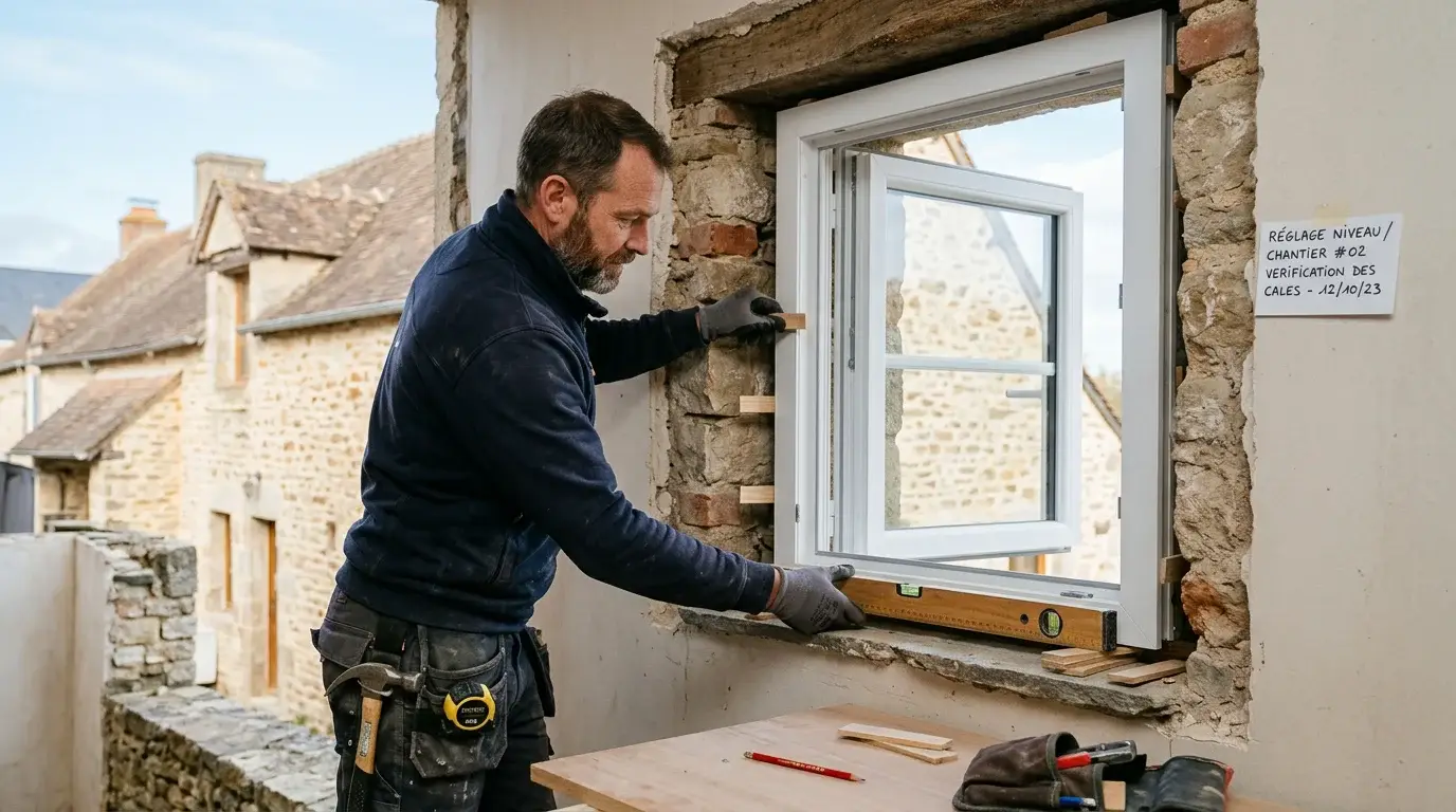Artisan posant un cadre de fenêtre PVC de niveau dans une ouverture en maçonnerie