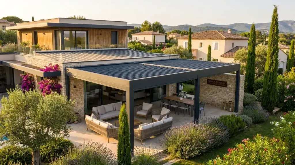Pergola bioclimatique à lames orientables sur la terrasse d'une maison contemporaine en France