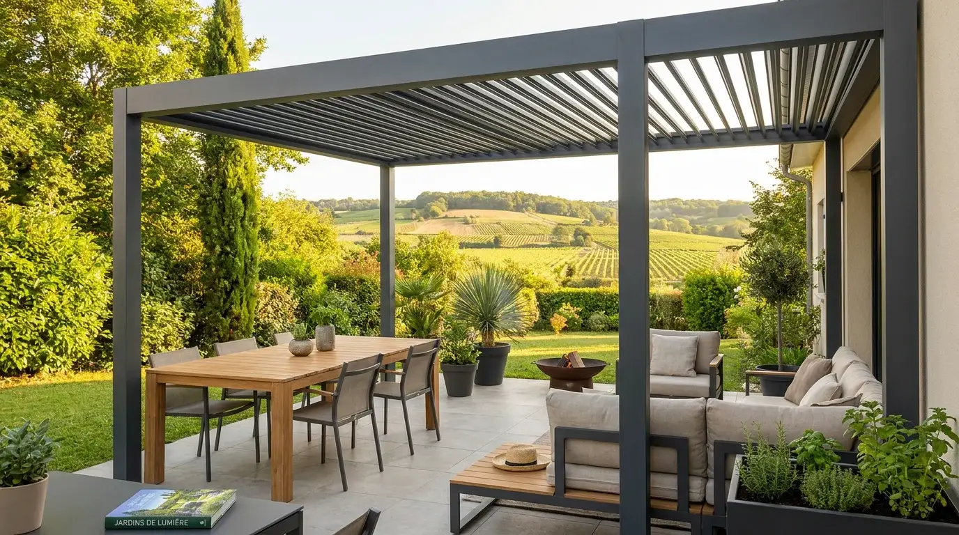 Pergola bioclimatique à lames orientables installée sur une terrasse dans la Loire