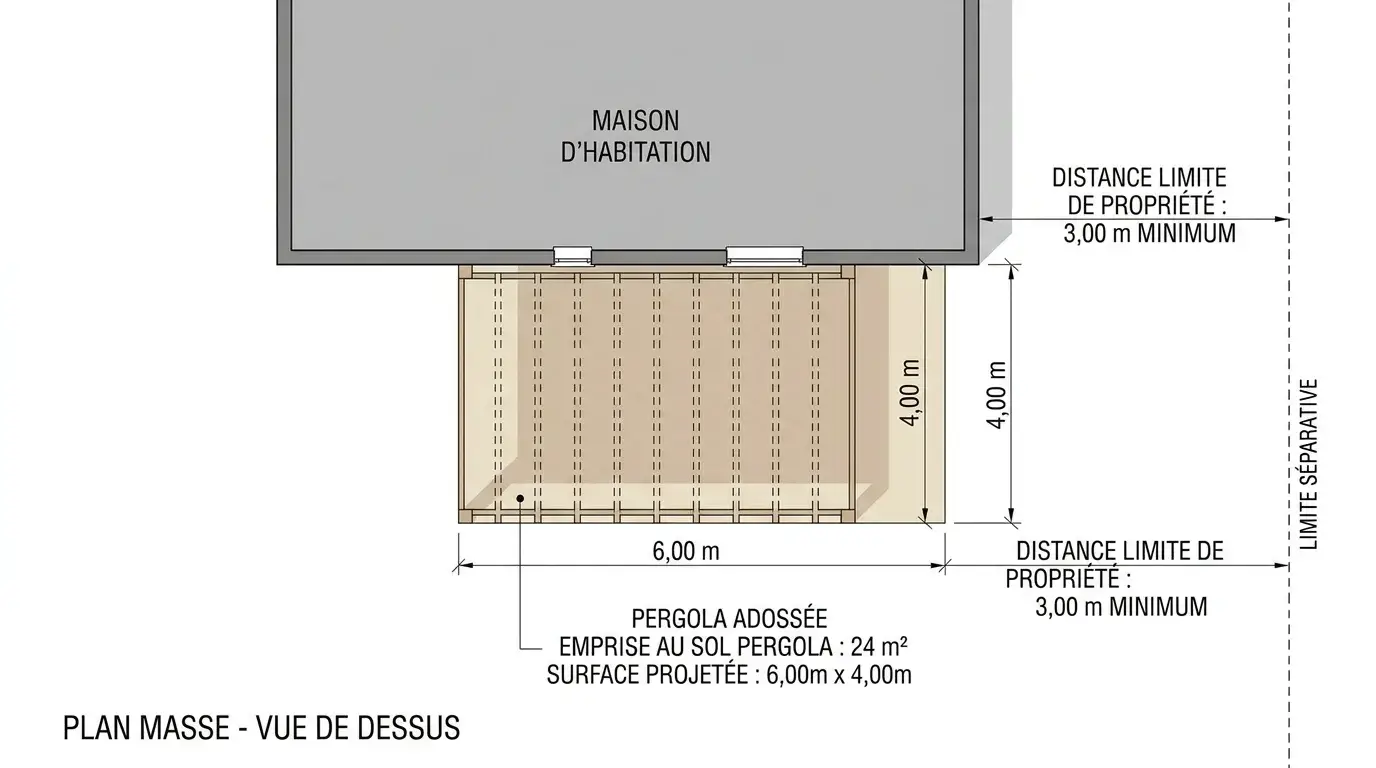 Schéma d'emprise au sol d'une pergola bioclimatique avec cotes réglementaires
