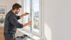 Un menuisier règle une fenêtre après sa pose dans un logement à Saint-Étienne