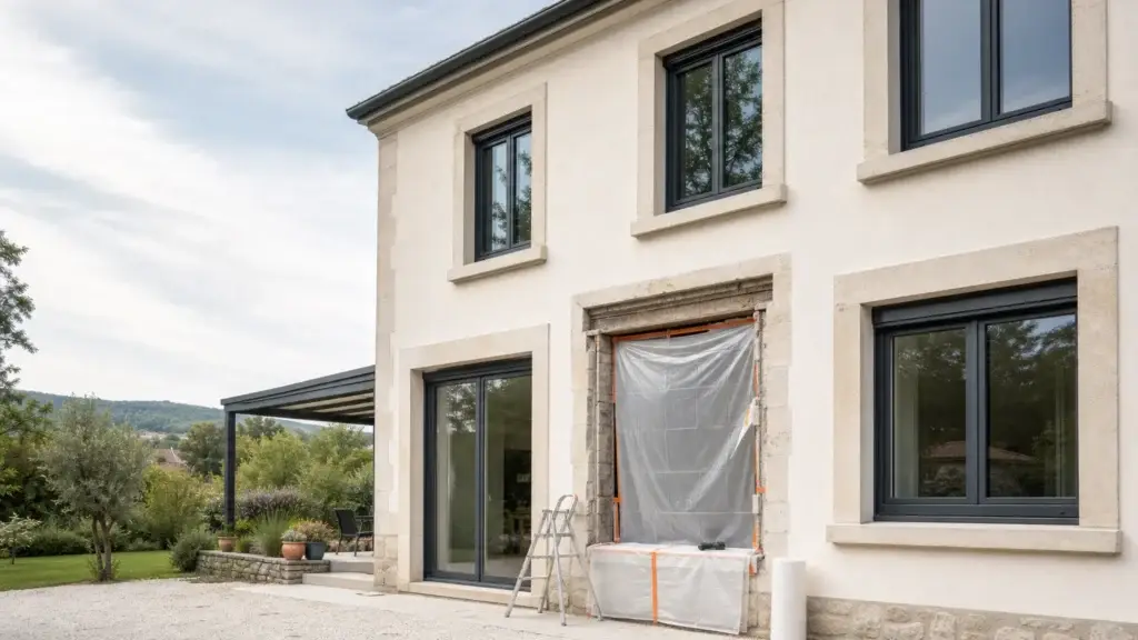 Maison française avec fenêtres neuves en cours de rénovation