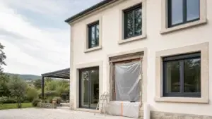Maison française avec fenêtres neuves en cours de rénovation