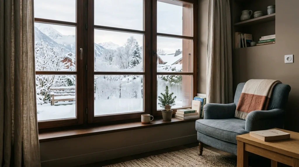 Fenêtre de salon avec condensation en hiver dans un intérieur chaleureux