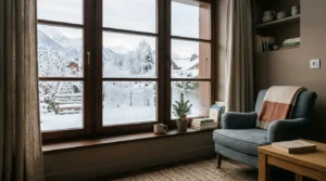 Fenêtre de salon avec condensation en hiver dans un intérieur chaleureux