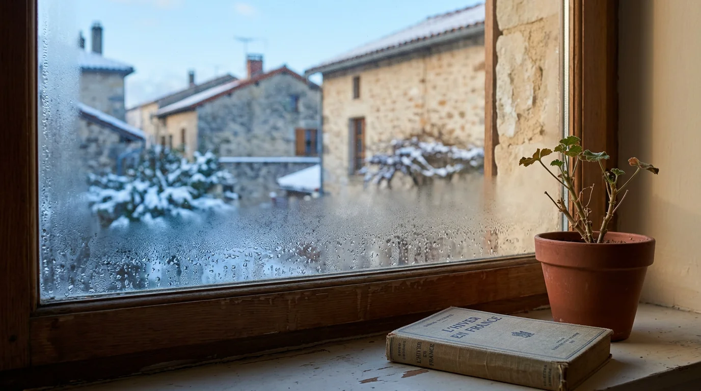 Gouttelettes de condensation sur une vitre de fenêtre en hiver