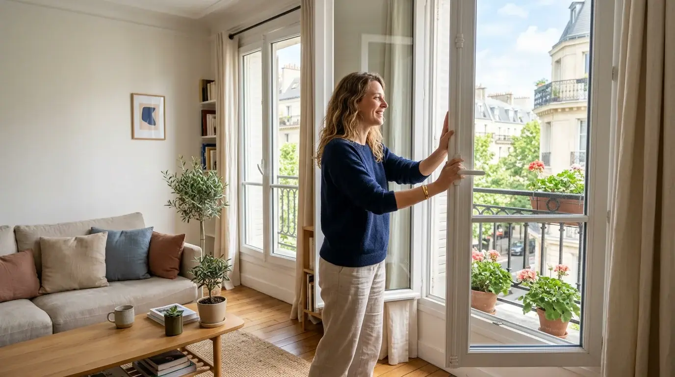 Personne aérant une pièce en ouvrant grand la fenêtre le matin
