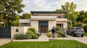 Maison avec volet roulant aluminium devant la porte d'entrée