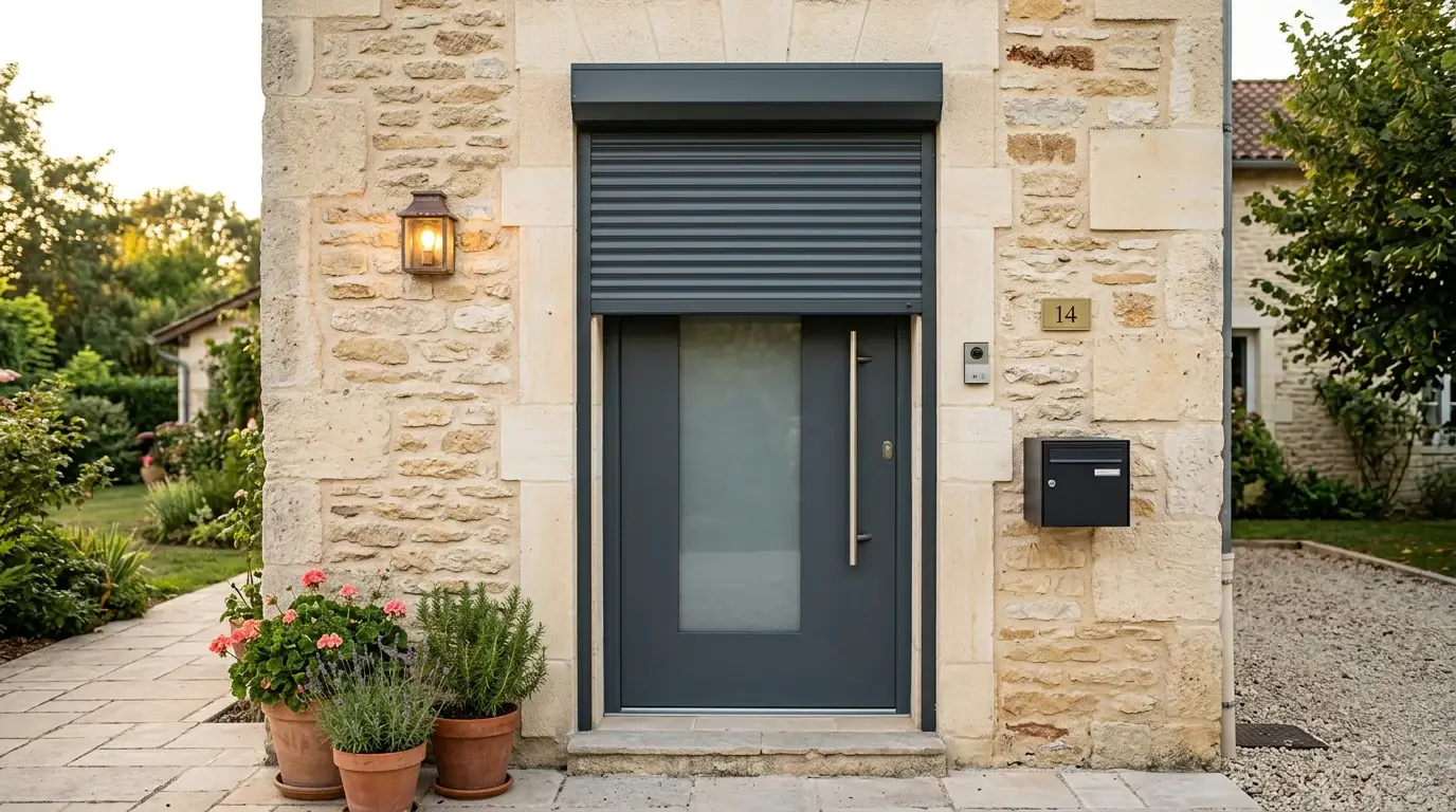 Volet roulant aluminium installé devant une porte d'entrée de maison