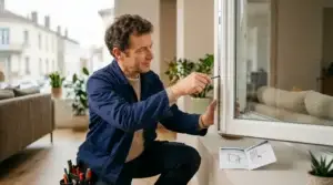 Réglage d'une fenêtre PVC blanche avec une clé Allen dans un intérieur lumineux