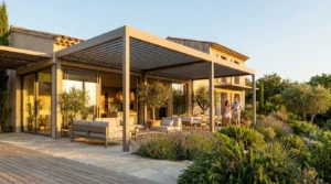 Pergola bioclimatique en aluminium installée sur la terrasse d'une maison contemporaine en France