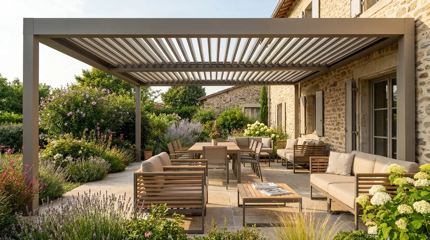 Pergola bioclimatique en aluminium installée sur une terrasse résidentielle dans la région stéphanoise