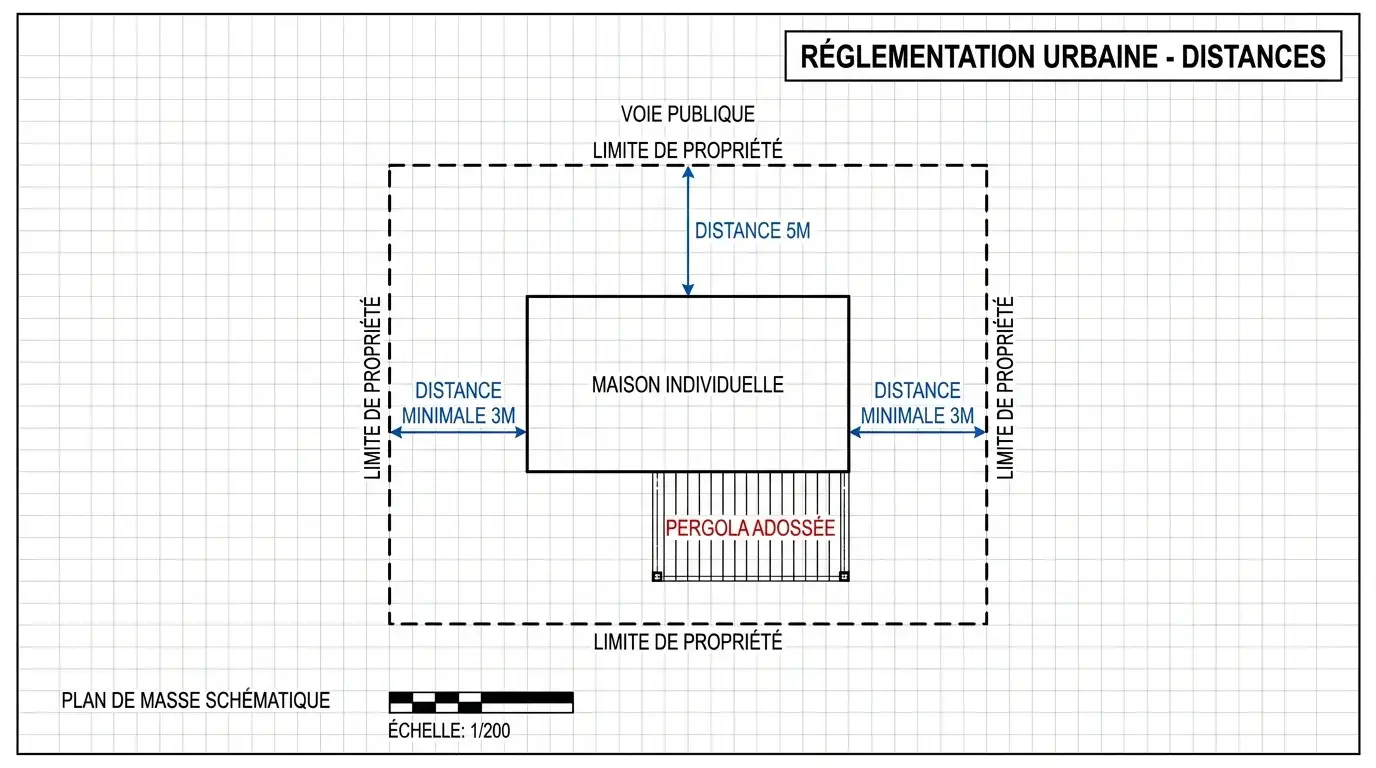 Schéma réglementaire montrant les seuils de surface pour la déclaration préalable et le permis de construire d'une pergola
