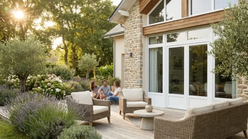 Maison contemporaine française avec porte-fenêtre PVC ouverte sur terrasse et jardin