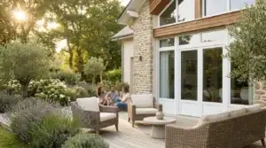 Maison contemporaine française avec porte-fenêtre PVC ouverte sur terrasse et jardin