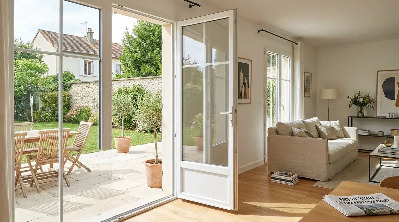 Porte-fenêtre PVC ouverte sur une terrasse avec jardin, lumière naturelle dans un salon moderne