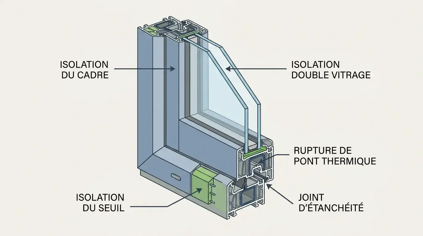 Schéma technique d'isolation thermique d'une porte-fenêtre double vitrage avec indication des zones de performance