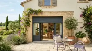 Porte-fenêtre en aluminium avec volet roulant intégré ouvrant sur une terrasse