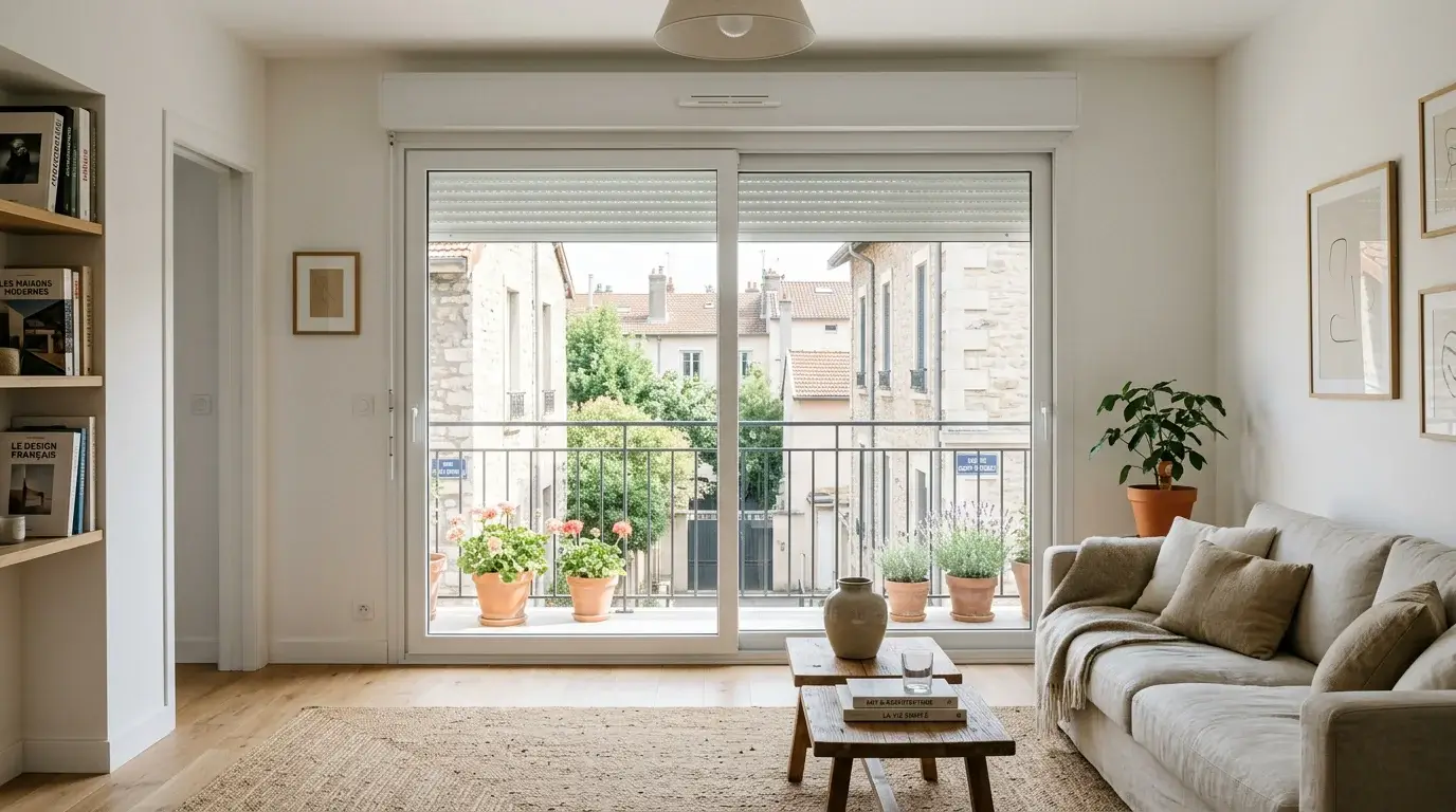 Porte-fenêtre PVC blanche avec volet roulant intégré dans un salon lumineux