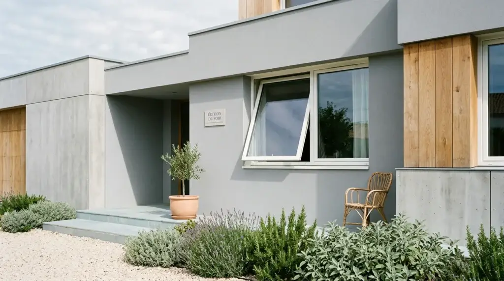 Fenêtre basculante moderne entrouverte sur une façade contemporaine
