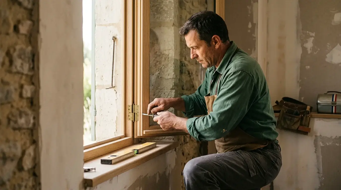 Artisan posant une fenêtre lors d'une rénovation