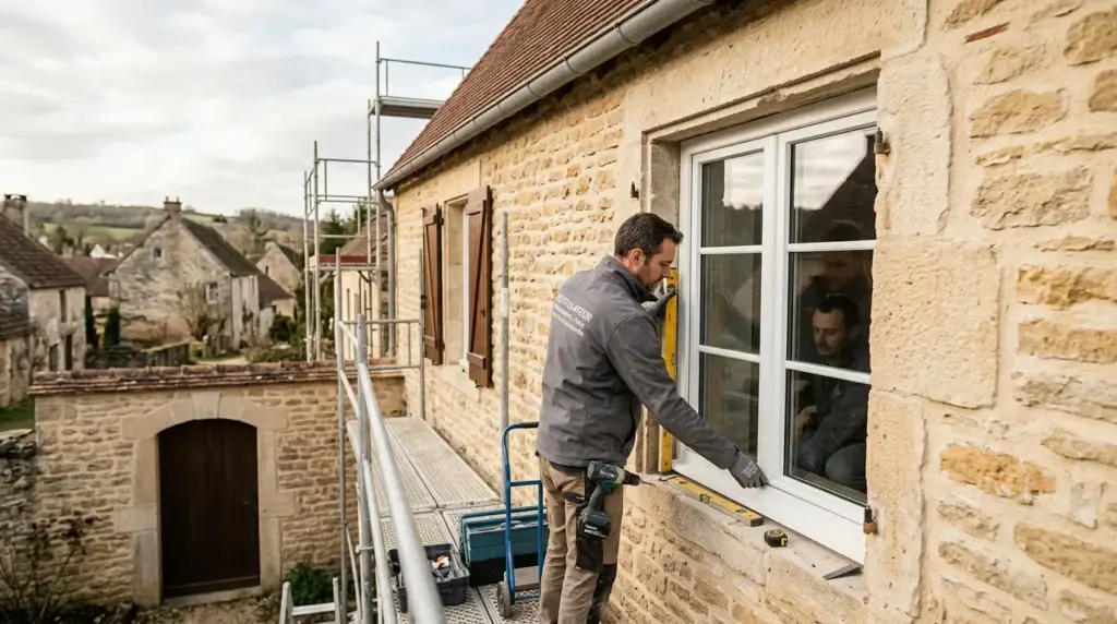 Pose professionnelle d'une fenêtre PVC double vitrage sur une maison en rénovation