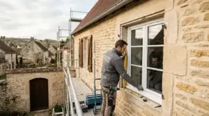 Pose professionnelle d'une fenêtre PVC double vitrage sur une maison en rénovation