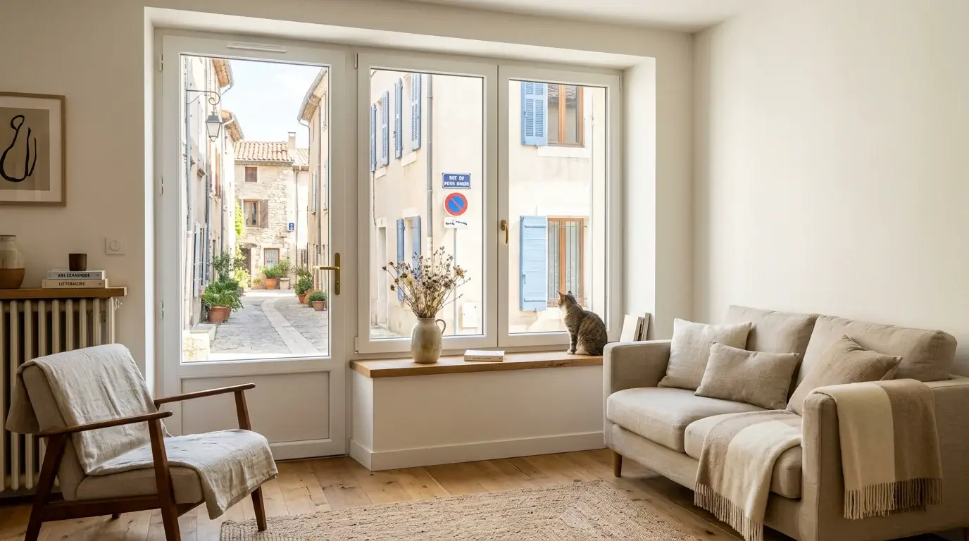 Fenêtre PVC double vitrage installée dans un séjour rénové lumineux