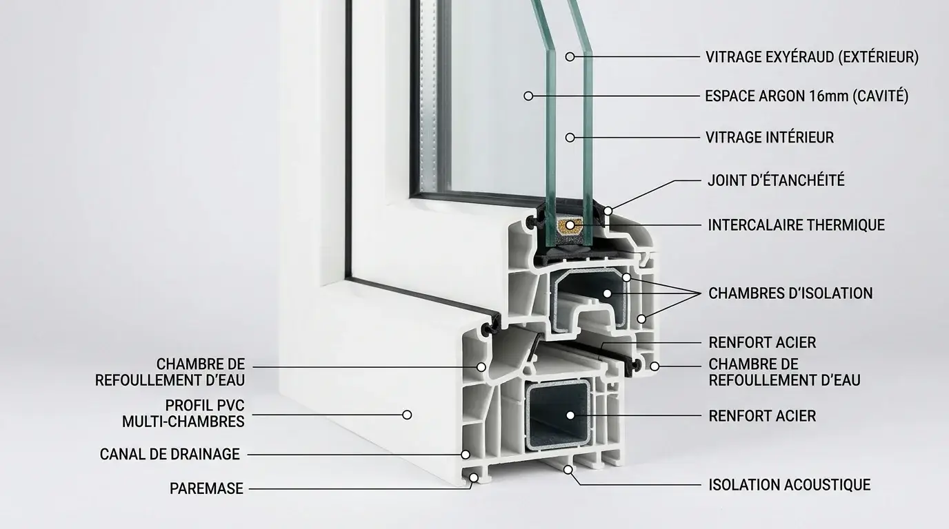 Coupe technique d'un profilé PVC avec double vitrage et lame d'argon