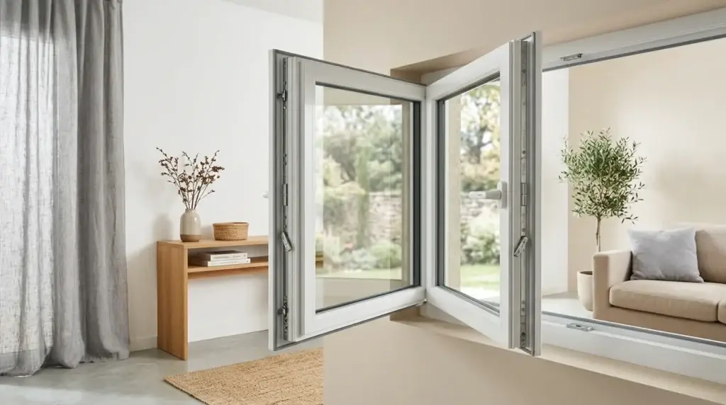 Fenêtre en PVC blanc ouverte dans un intérieur lumineux et contemporain