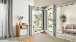 Fenêtre en PVC blanc ouverte dans un intérieur lumineux et contemporain