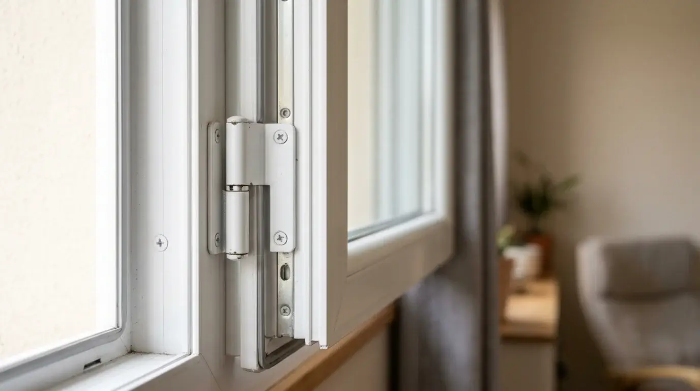 Paumelle blanche installée sur le montant d'une fenêtre en PVC