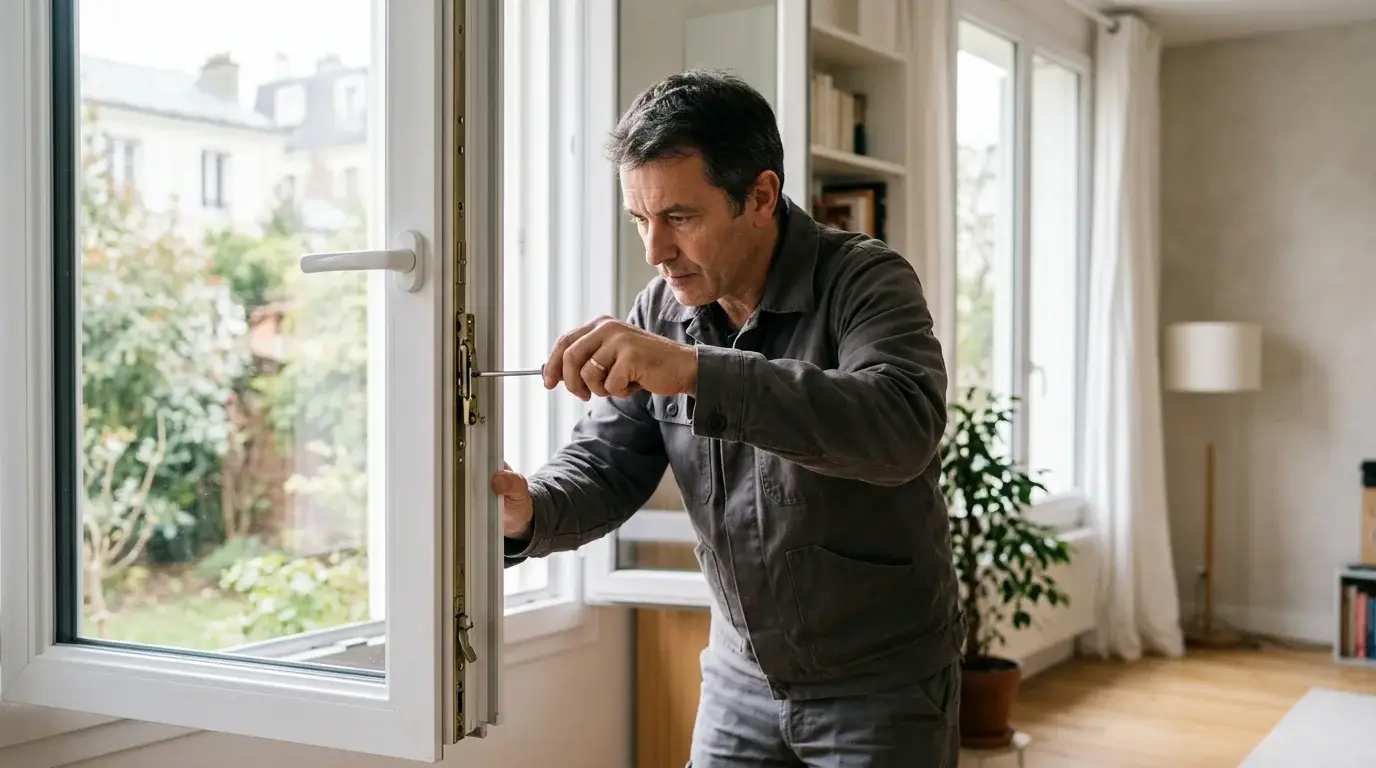 Artisan réglant la charnière d'une fenêtre en PVC avec un tournevis