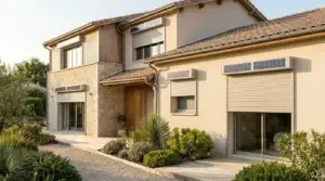Maison résidentielle équipée de volets roulants solaires avec panneaux photovoltaïques visibles