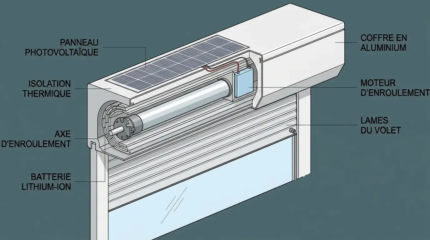 Schéma en coupe d'un volet roulant solaire montrant le panneau photovoltaïque, la batterie et le moteur