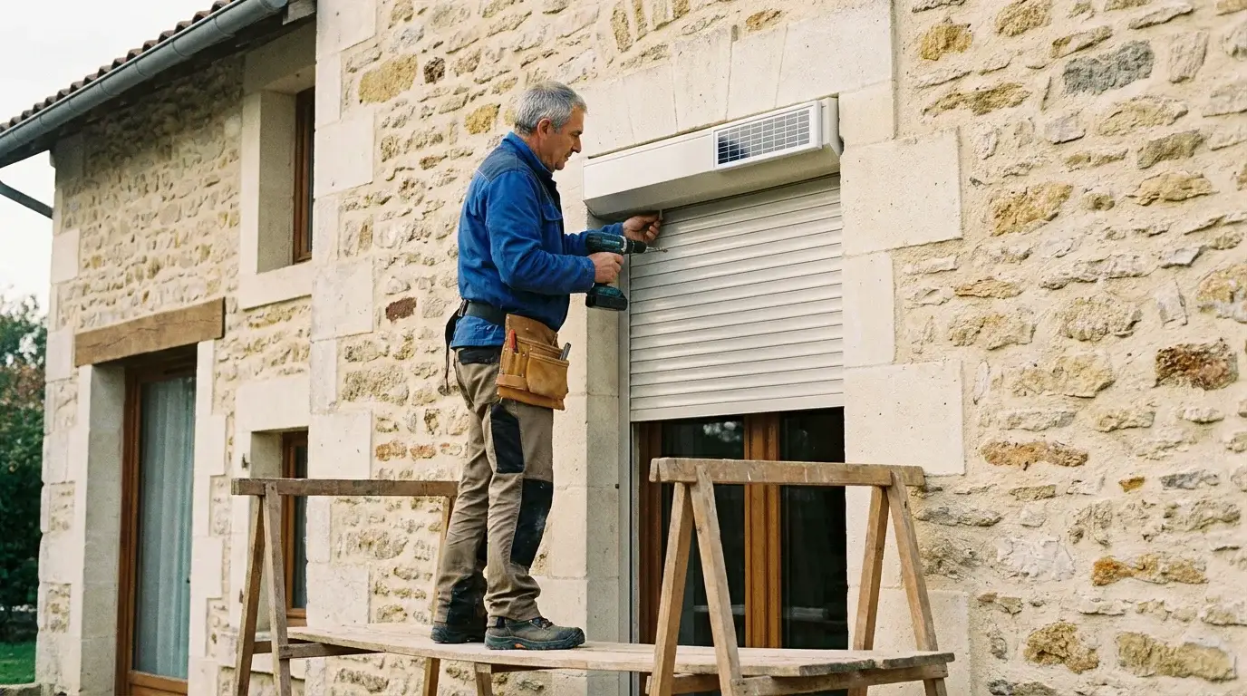 Artisan professionnel installant un volet roulant solaire sur une façade de maison